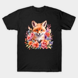 A red fox decorated with beautiful watercolor flowers T-Shirt